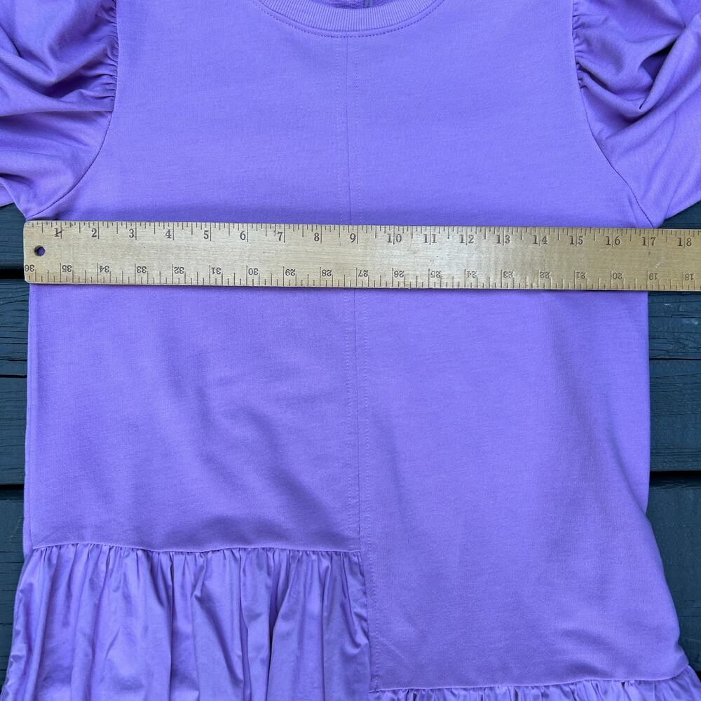 English Factory Knit Woven Mixed Dress Lilac Purple Puff Sleeve Mini Size Small - Picture 7 of 9